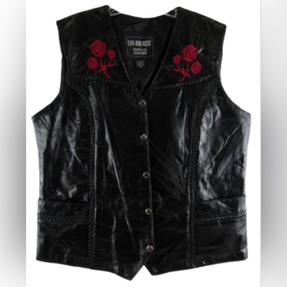 LIVE-RIDE-ROCK Women’s Buffalo Leather Embroidered Roses Moto Vest 4X GUC - Picture 3 of 11